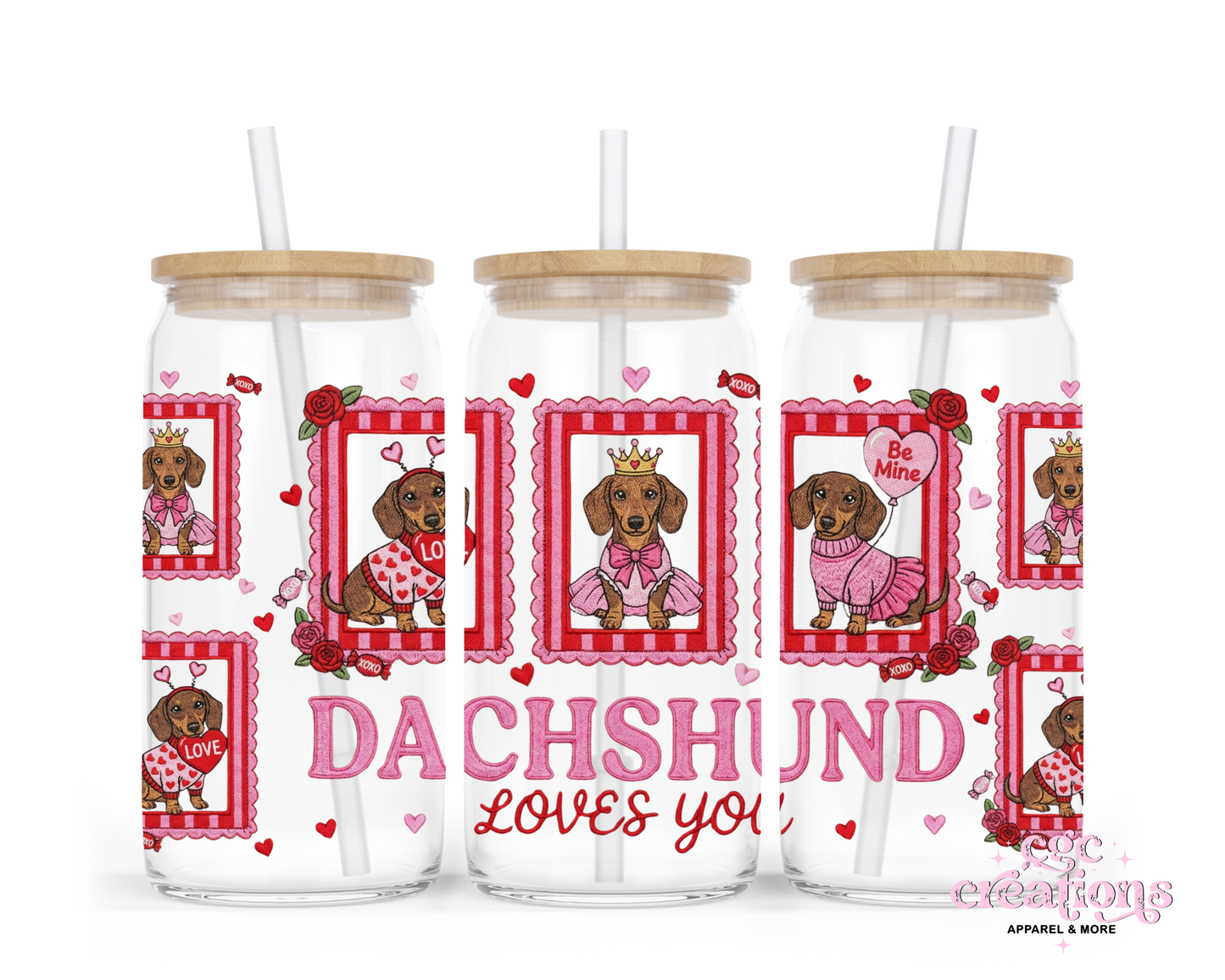 Dachshund Loves You 16oz Glass Cup With Lid