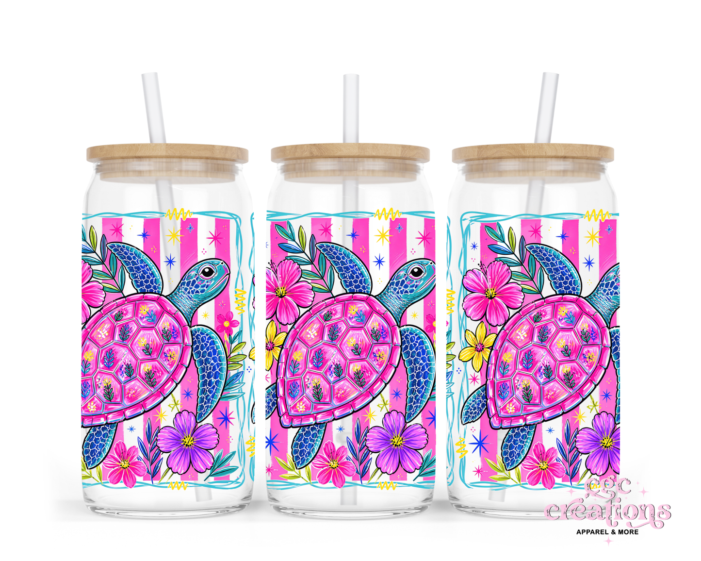 Floral Turtles 16oz Glass Cup With Lid