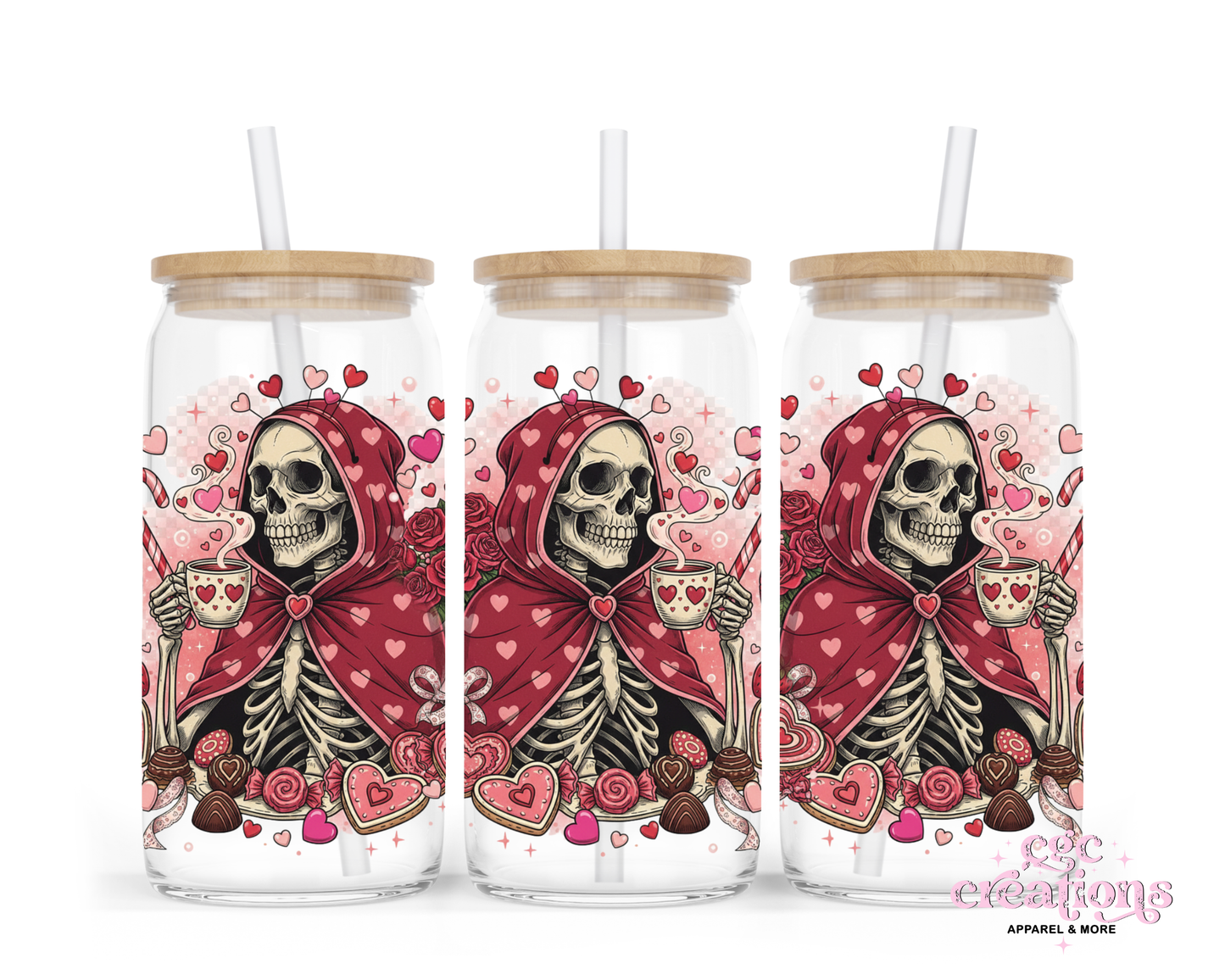 Skellie Love 16oz Glass Cup With Lid