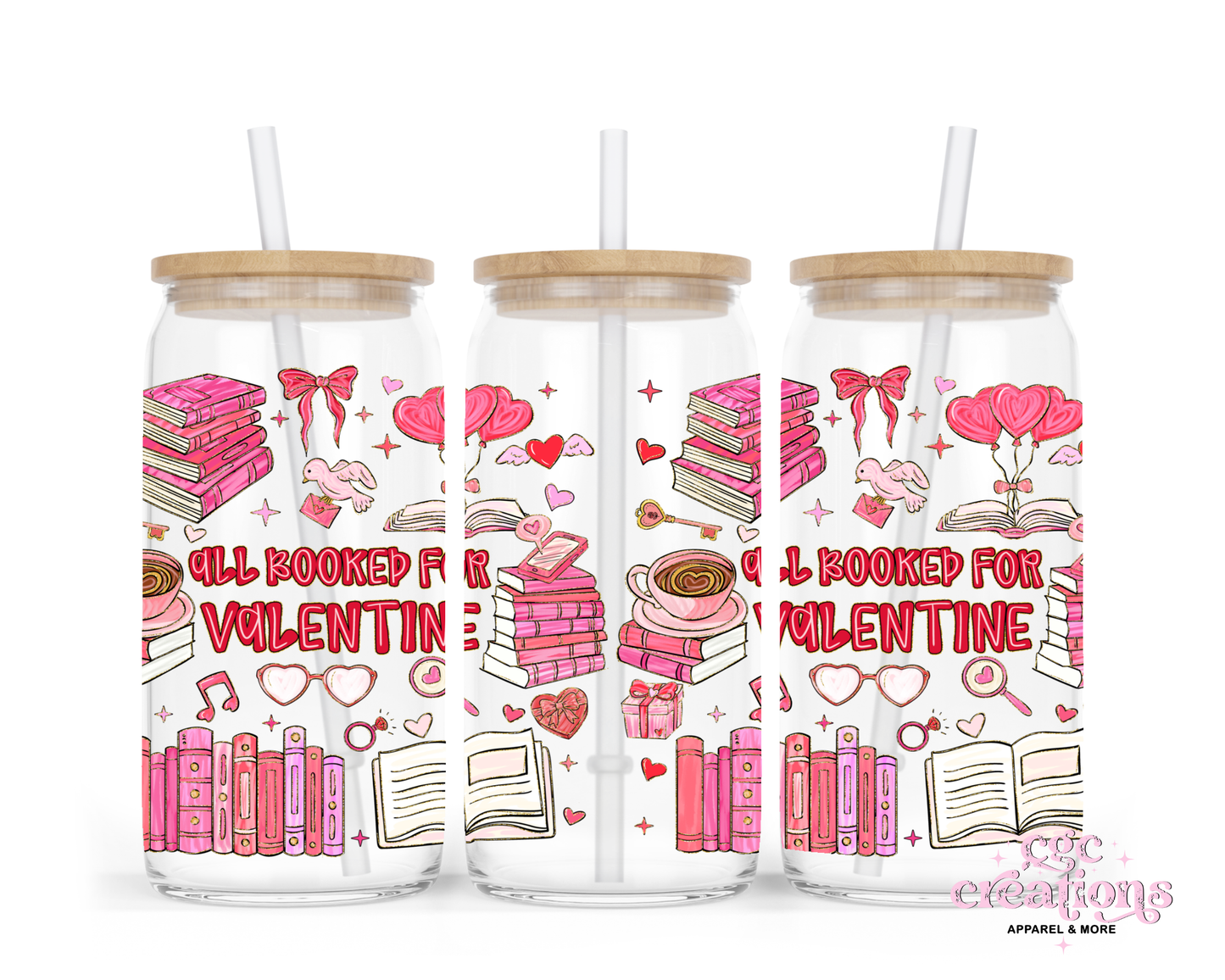 All Booked For Valentine's Day 16oz Glass Cup With Lid