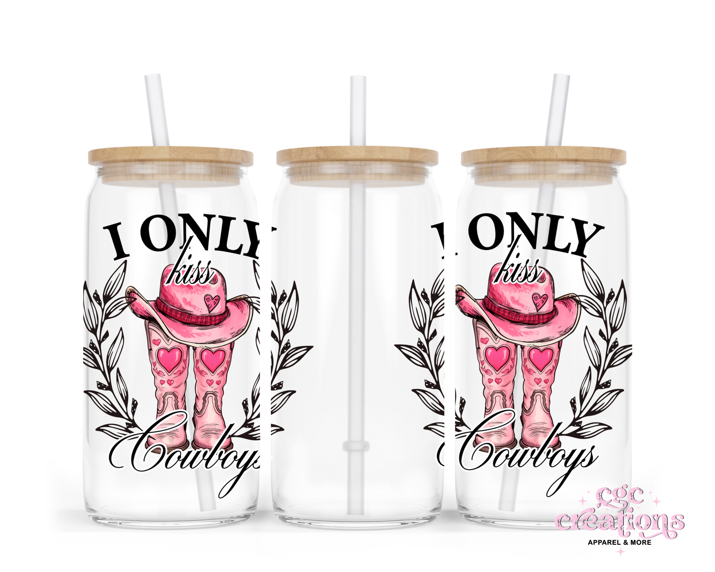 I Only Kiss Cowboys 16oz Glass Cup With Lid