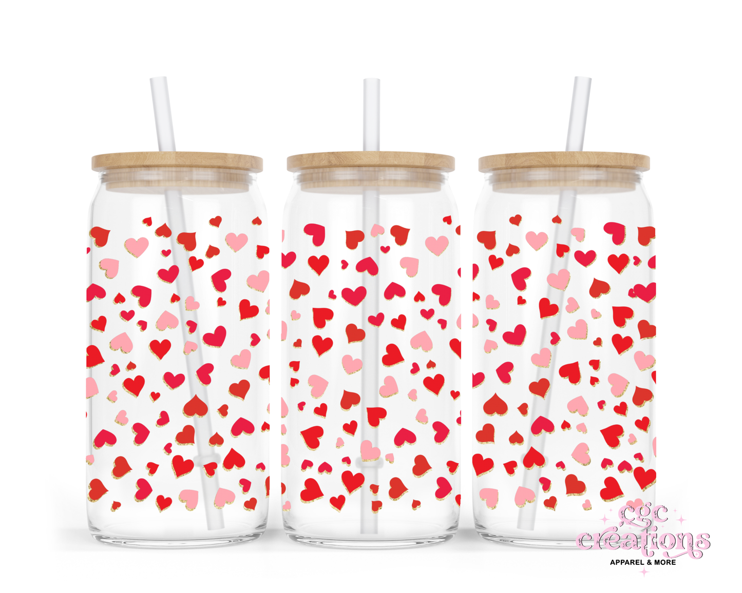 Red Hearts 16oz Glass Cup With Lid