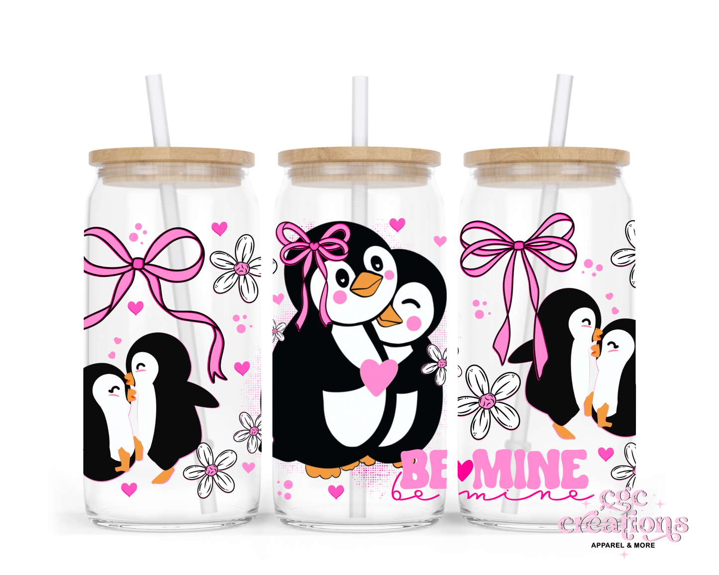 Be Mine Penguin 16oz Glass Cup With Lid
