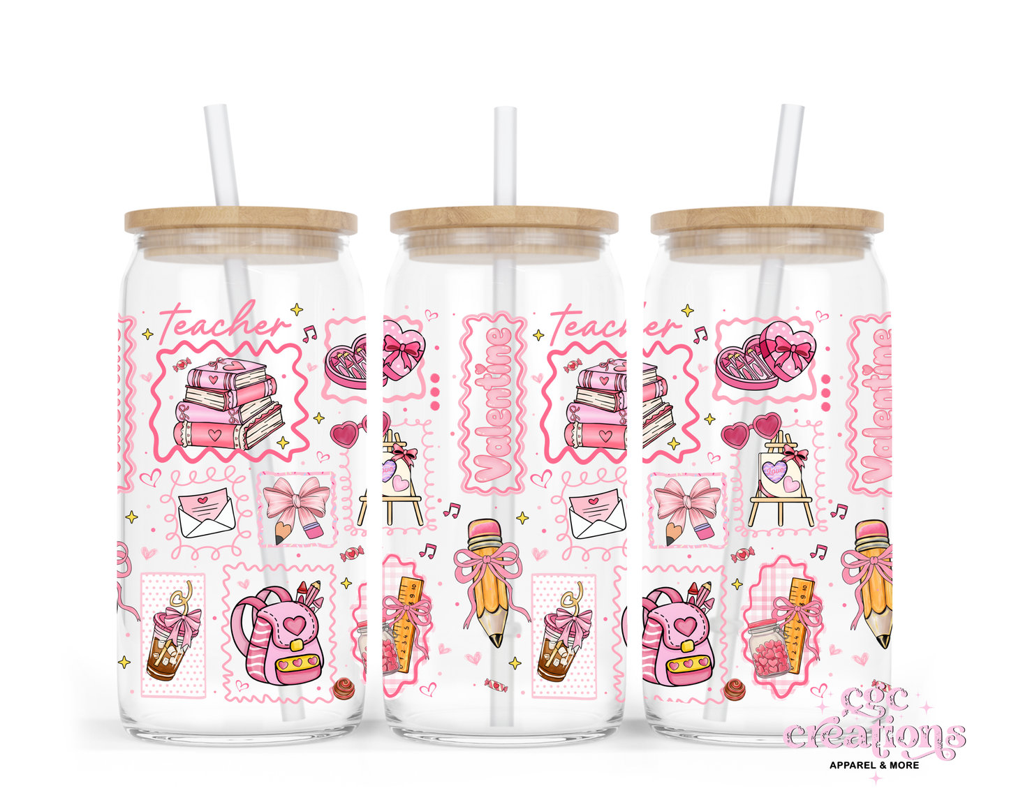 Teacher Valentine 16oz Glass Cup With Lid