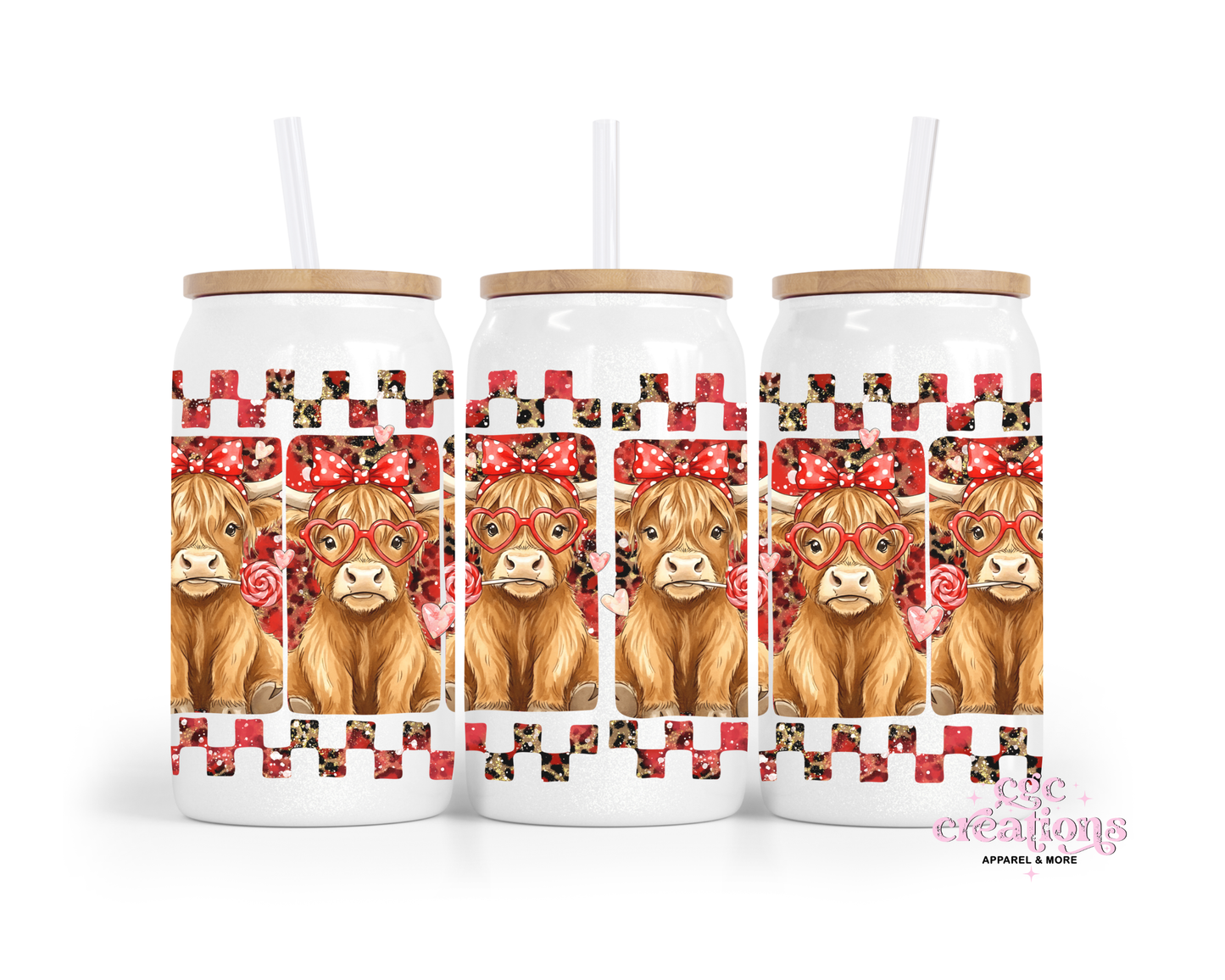 Highland Cow Grid 16oz Glass Cup With Lid