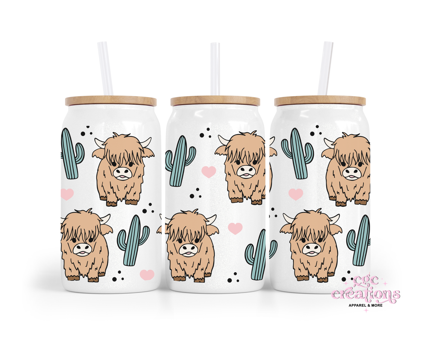 Cow & Cactus 16oz Glass Cup With Lid