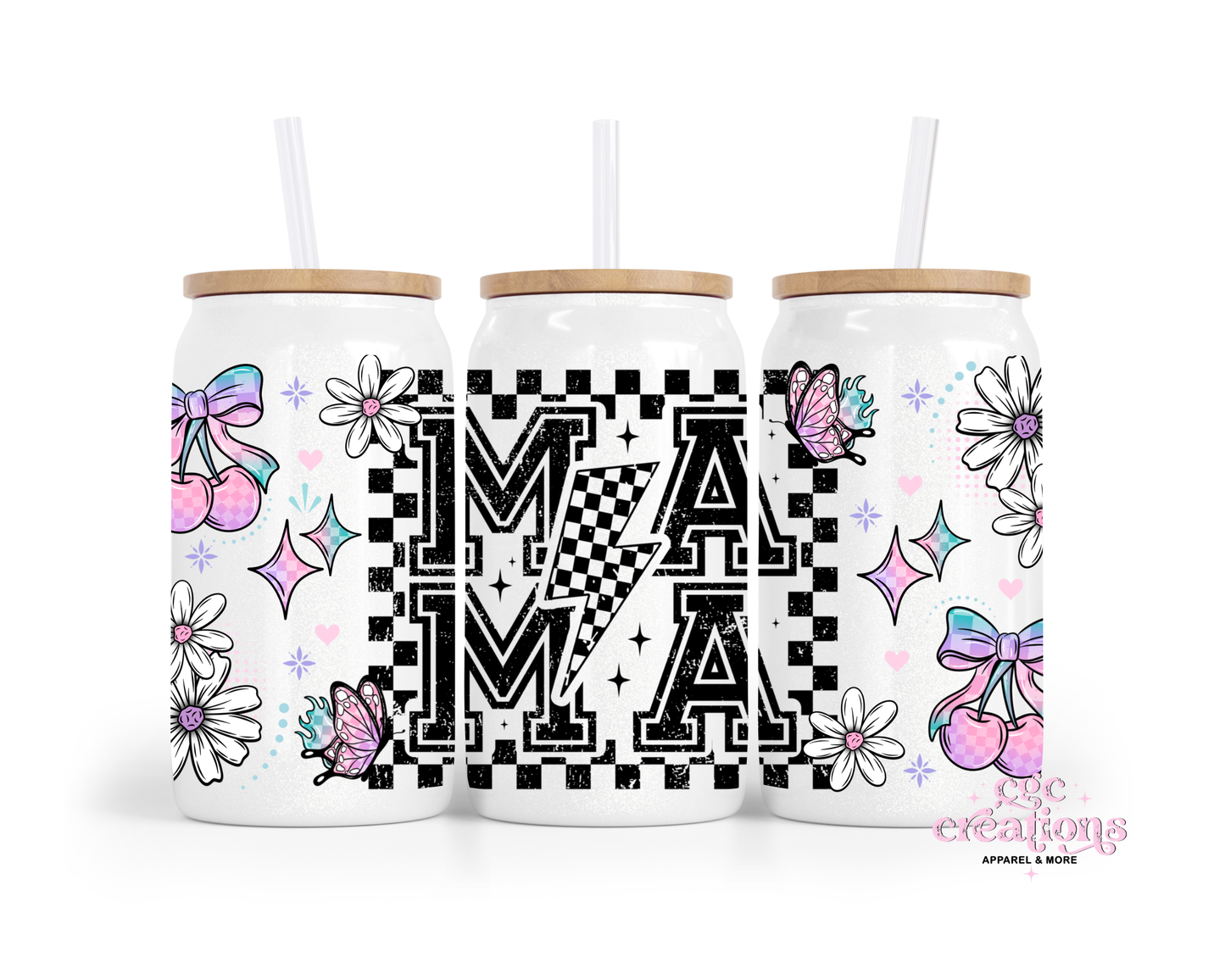 Checkered Mama 16oz Glass Cup With Lid