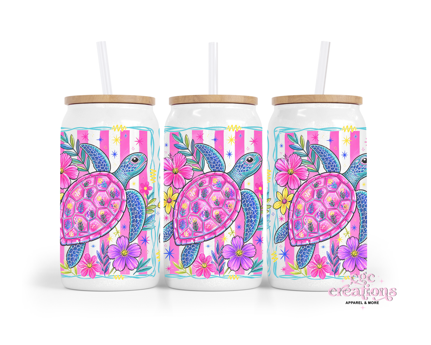 Floral Turtles 16oz Glass Cup With Lid