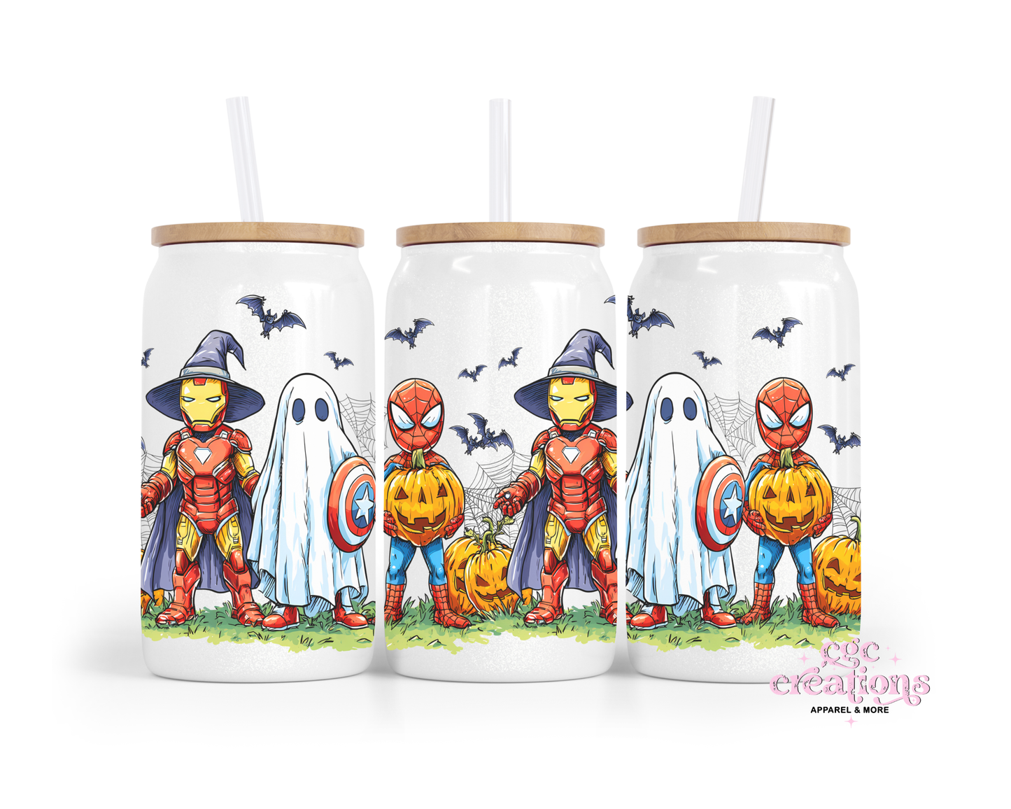 Action Hero's Halloween 16oz Glass Cup With Lid