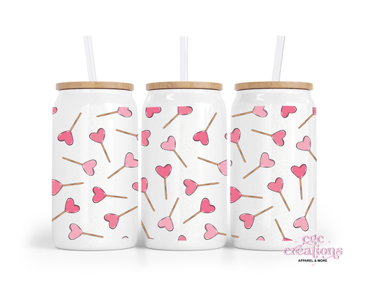 Heart Lolipops 16oz Glass Cup With Lid