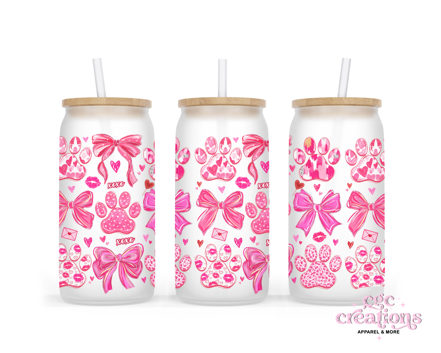 Dog Paw Prints & Hearts 16oz Glass Cup With Lid