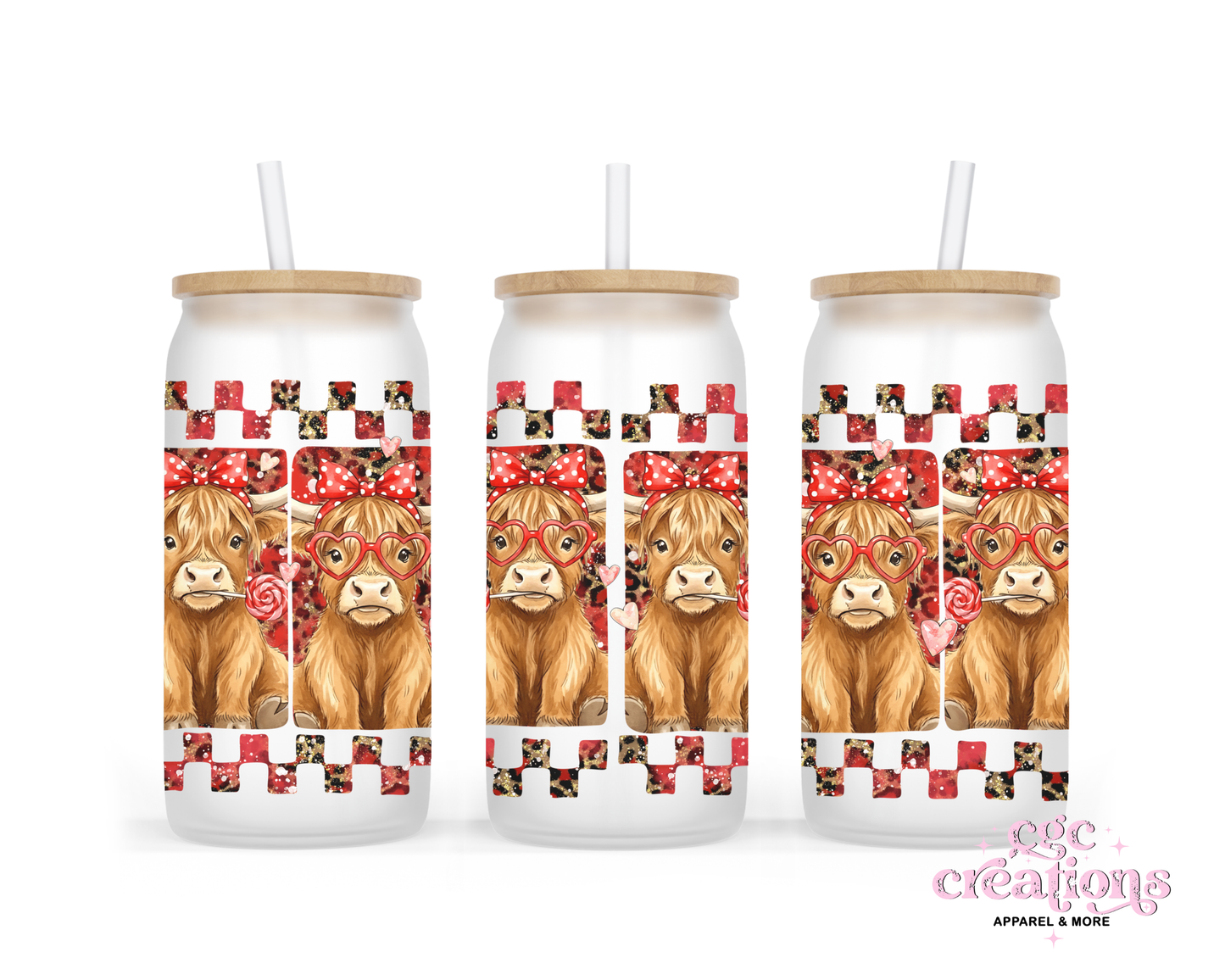 Highland Cow Grid 16oz Glass Cup With Lid