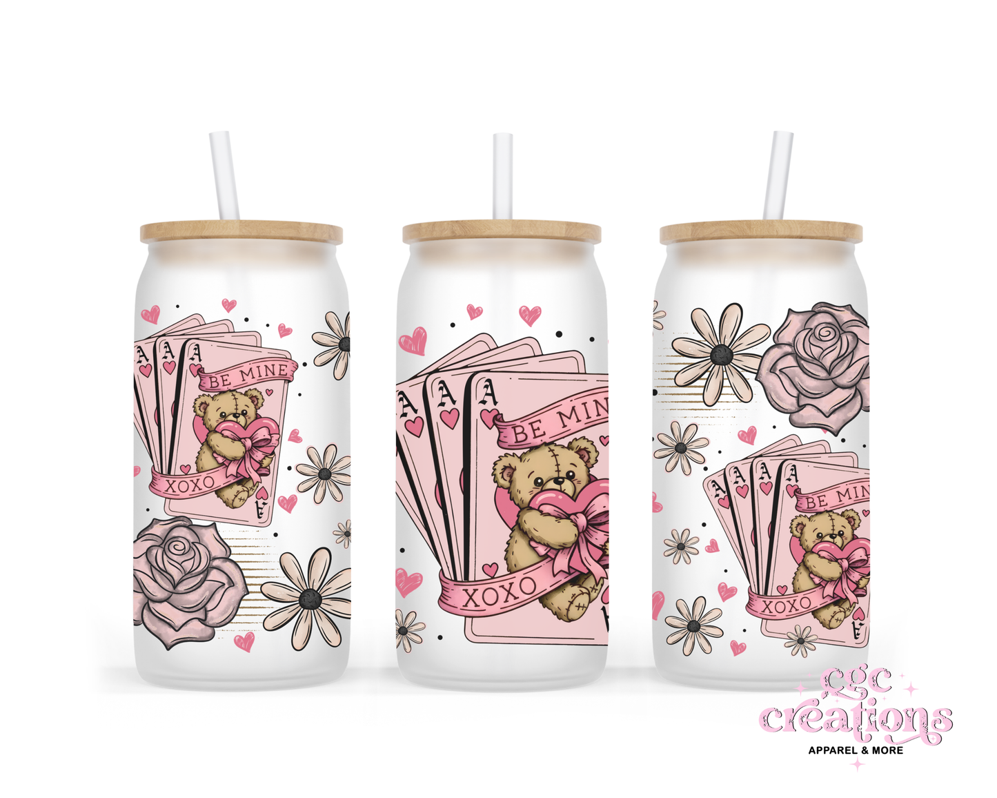 Be Mine Bear 16oz Glass Cup With Lid
