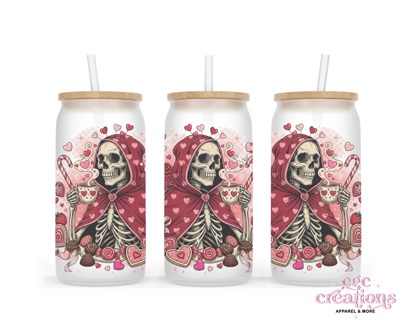 Skellie Love 16oz Glass Cup With Lid