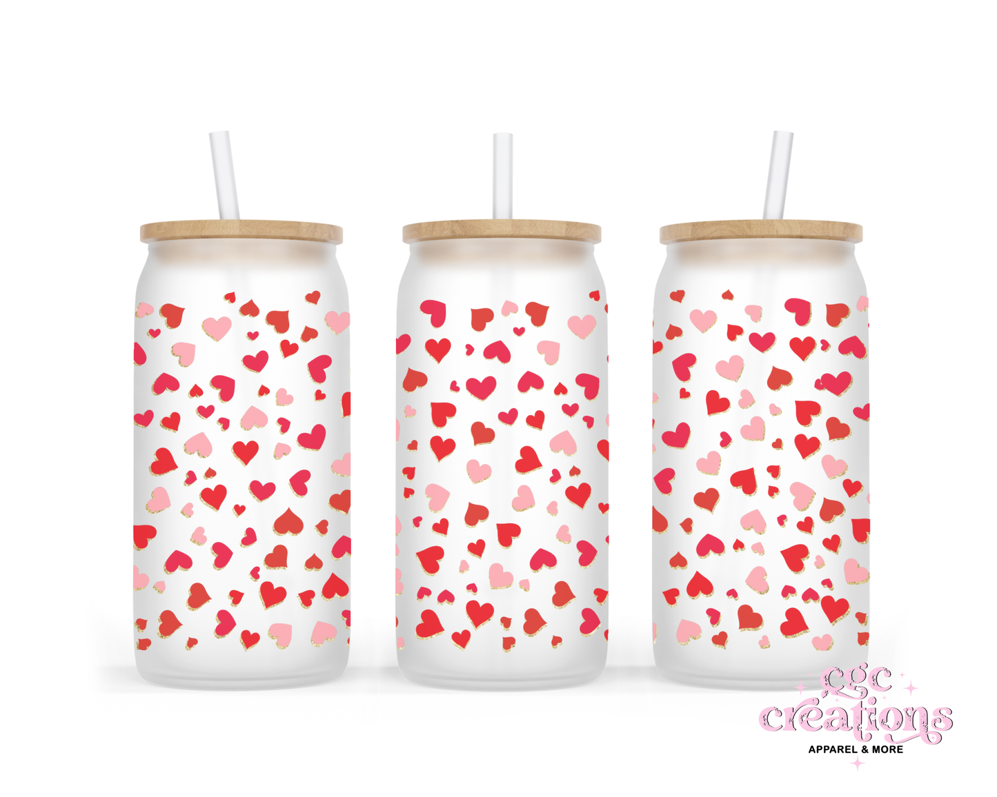 Red Hearts 16oz Glass Cup With Lid