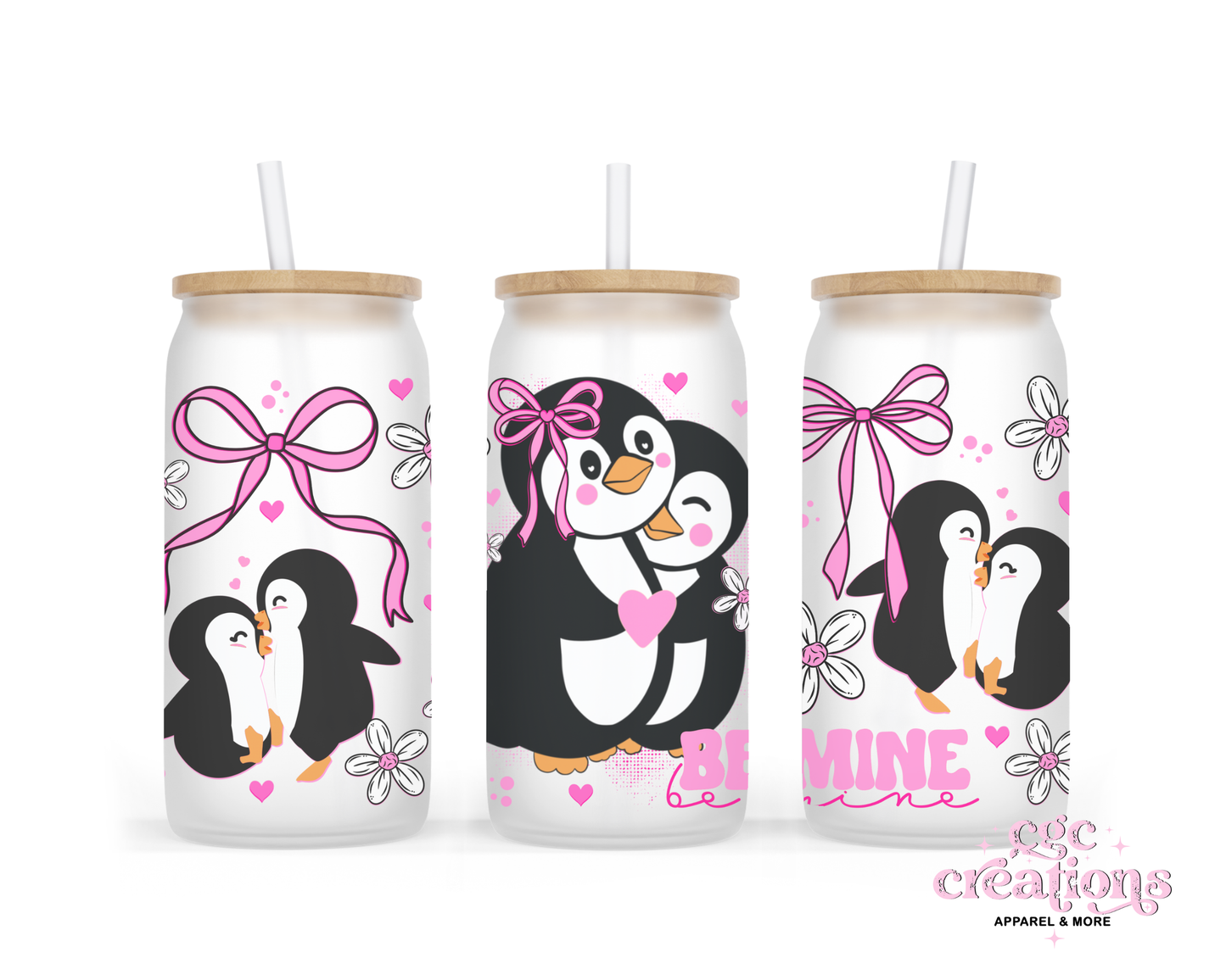Be Mine Penguin 16oz Glass Cup With Lid