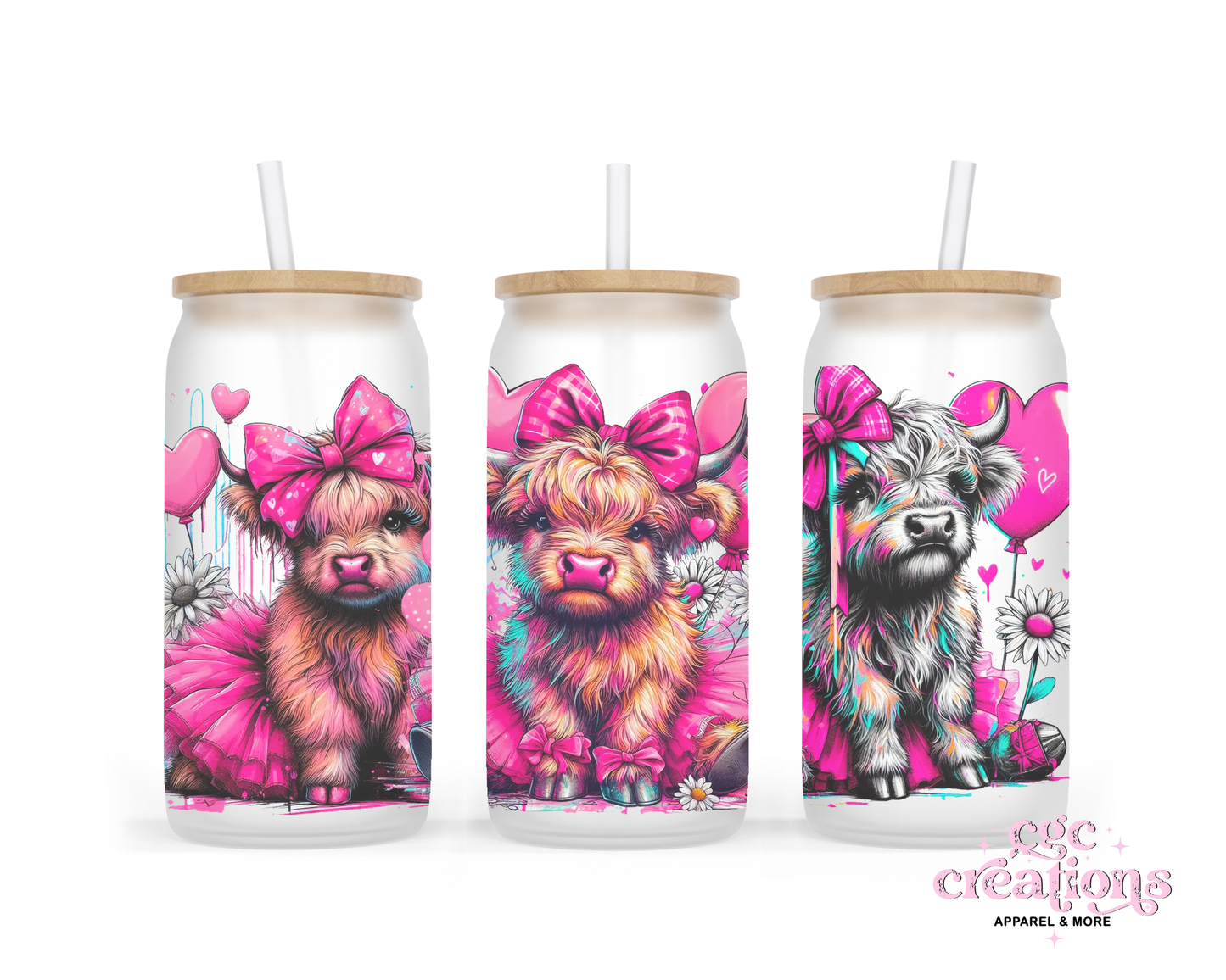 Cute Highland Cow Love 16oz Glass Cup With Lid