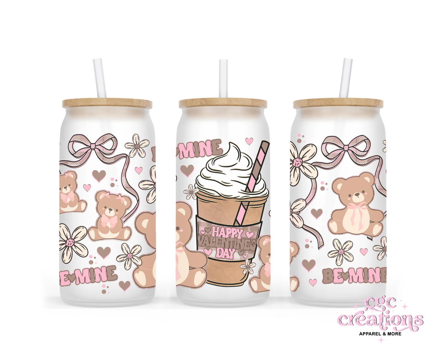 Be Mine Bear #2 16oz Glass Cup With Lid