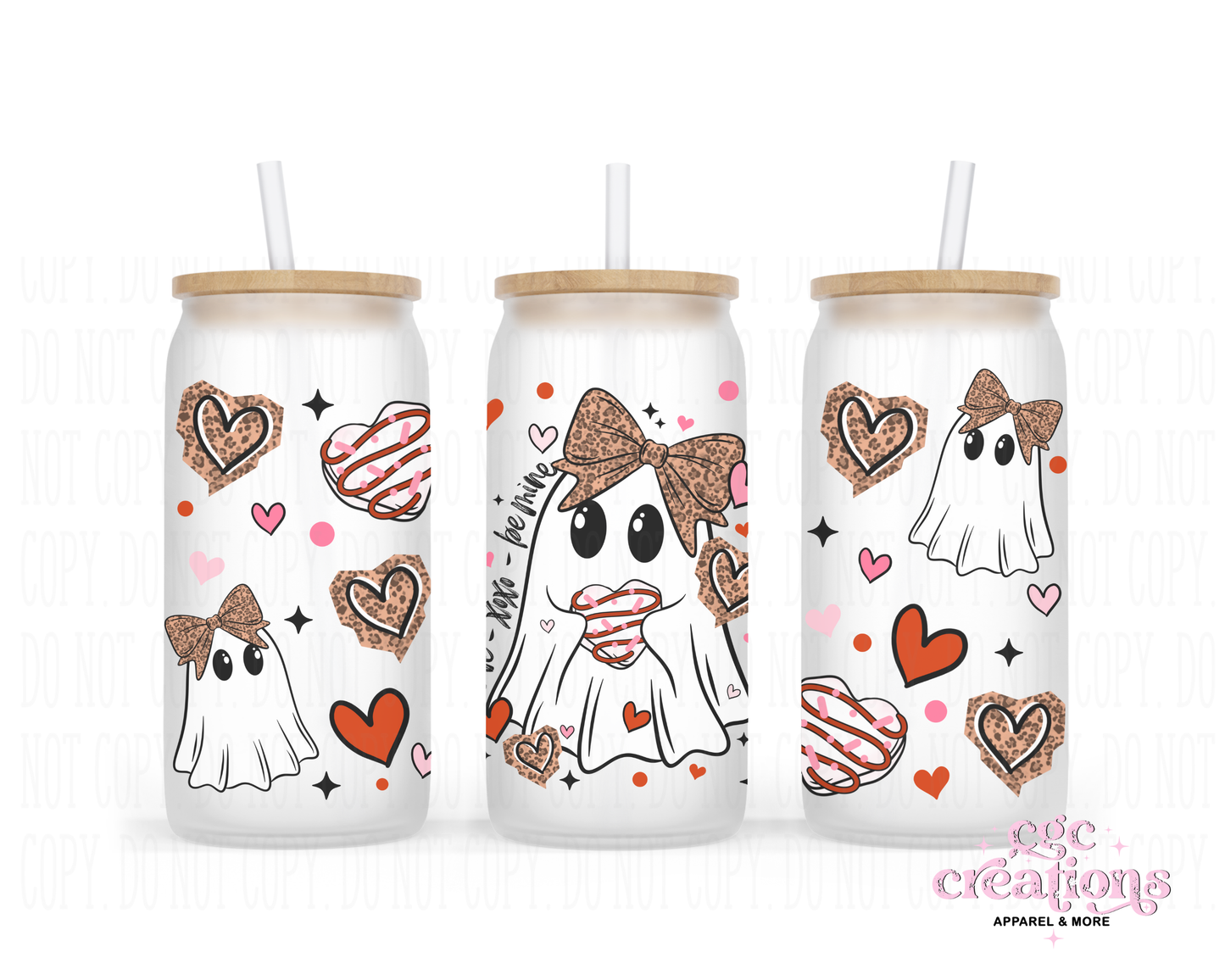 Cute Valentine's Ghost 16oz Glass Cup With Lid