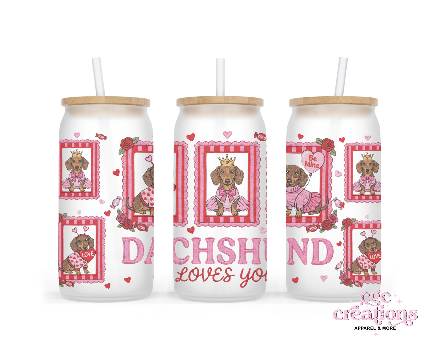 Dachshund Loves You 16oz Glass Cup With Lid