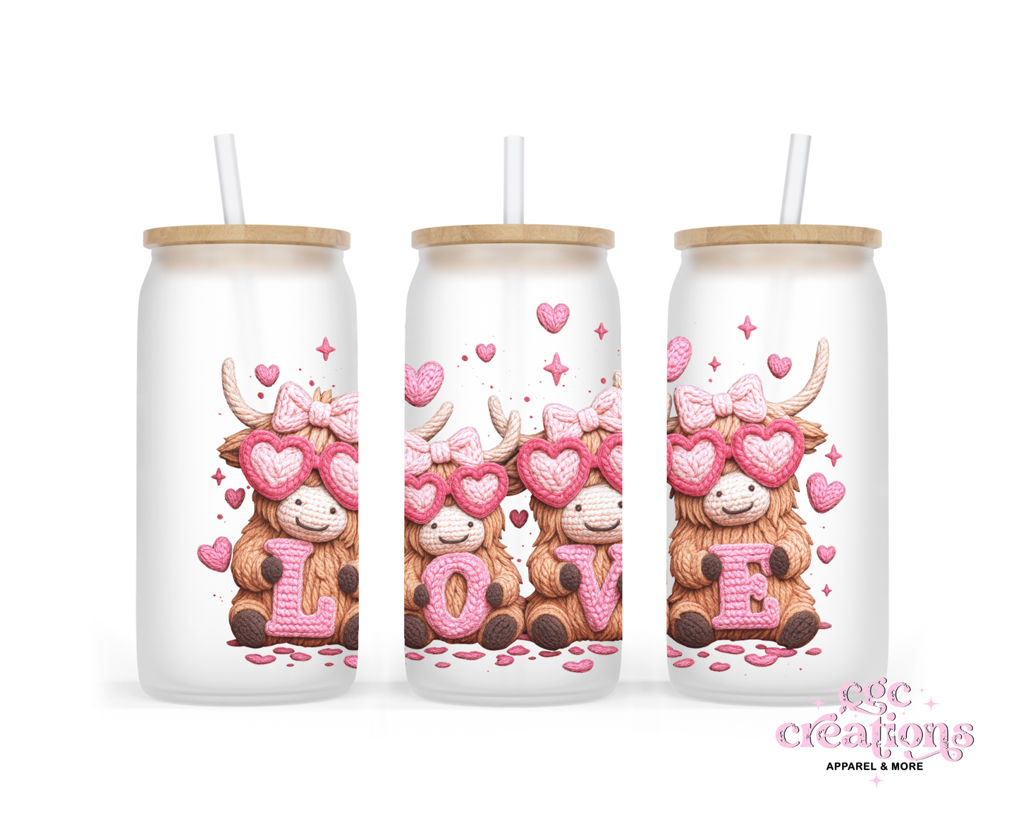Highland Cow Love 16oz Glass Cup With Lid