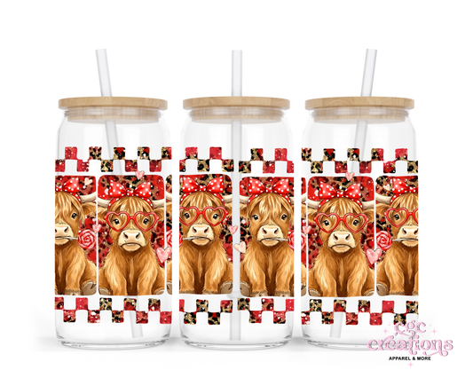 Highland Cow Grid 16oz Glass Cup With Lid