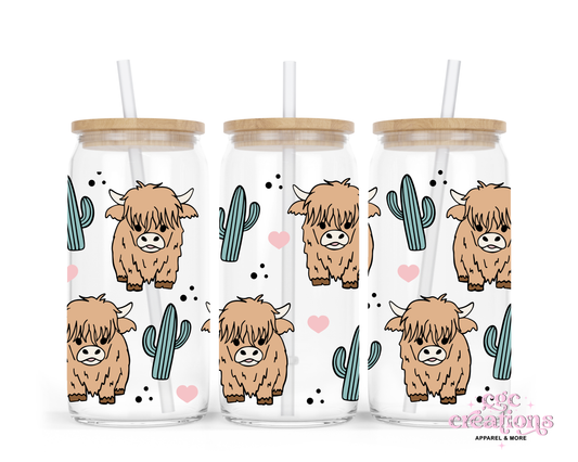 Cow & Cactus 16oz Glass Cup With Lid