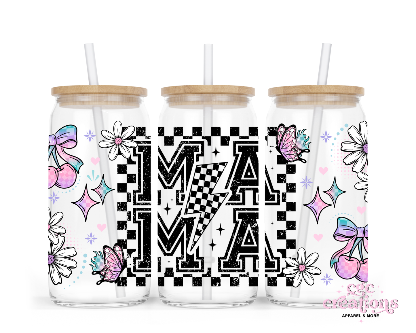 Checkered Mama 16oz Glass Cup With Lid