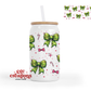 Green Christmas Coquette Bow 16oz Glass Cup With Lid