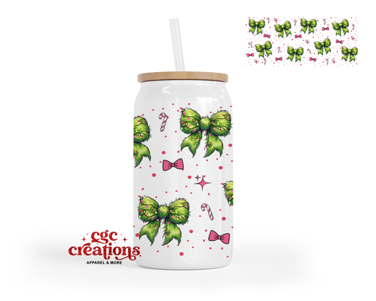 Green Christmas Coquette Bow 16oz Glass Cup With Lid