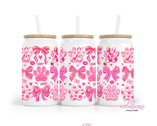 Dog Paw Prints & Hearts 16oz Glass Cup With Lid