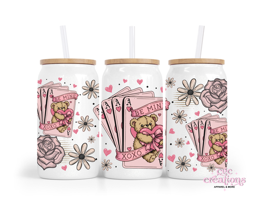 Be Mine Bear 16oz Glass Cup With Lid
