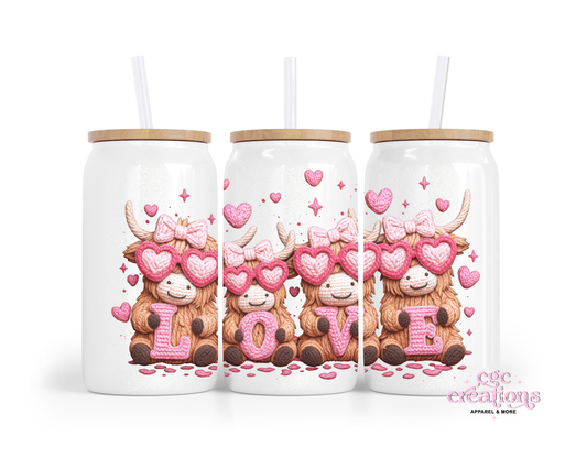 Highland Cow Love 16oz Glass Cup With Lid