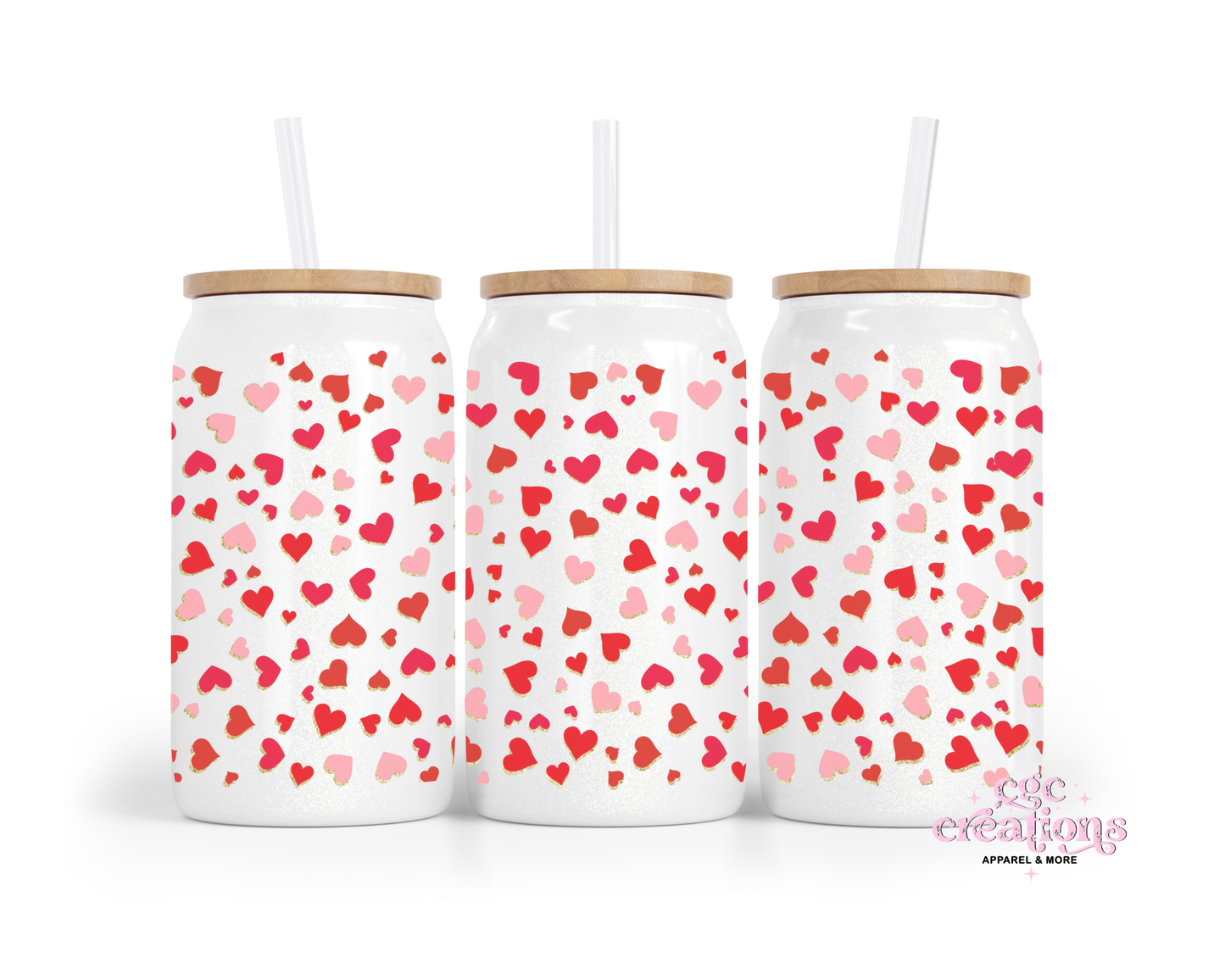 Red Hearts 16oz Glass Cup With Lid