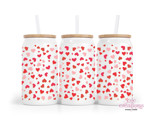 Red Hearts 16oz Glass Cup With Lid