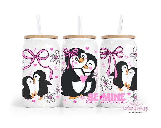 Be Mine Penguin 16oz Glass Cup With Lid