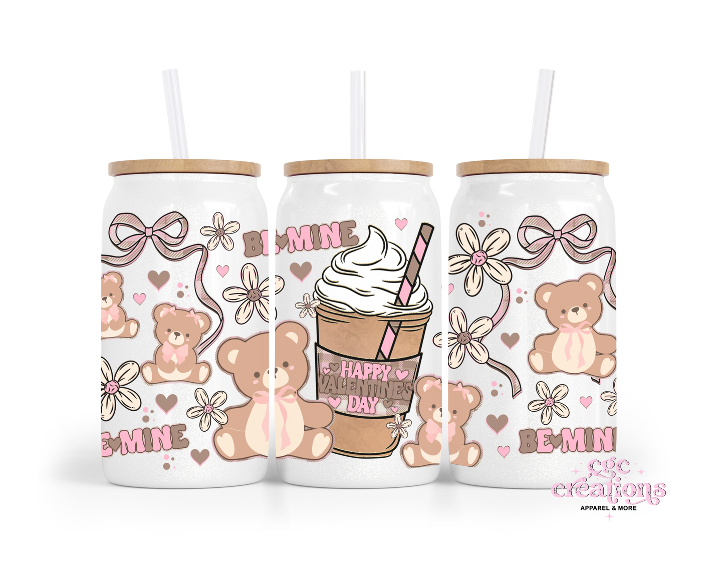 Be Mine Bear #2 16oz Glass Cup With Lid