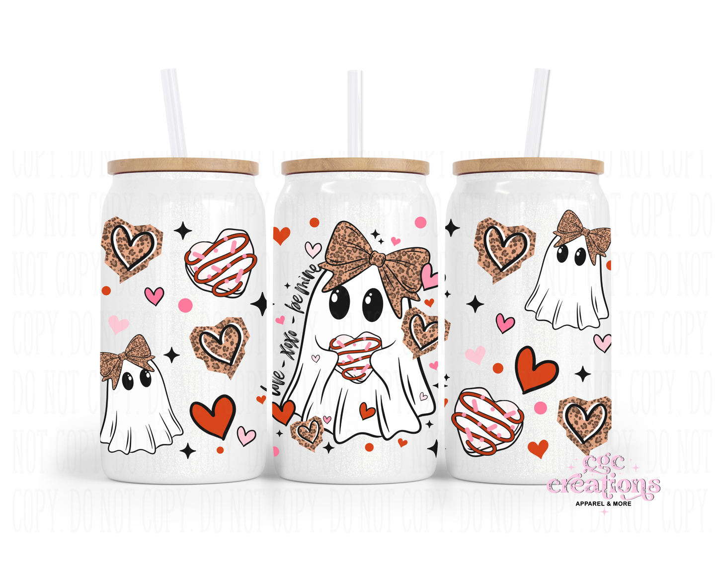 Cute Valentine's Ghost 16oz Glass Cup With Lid