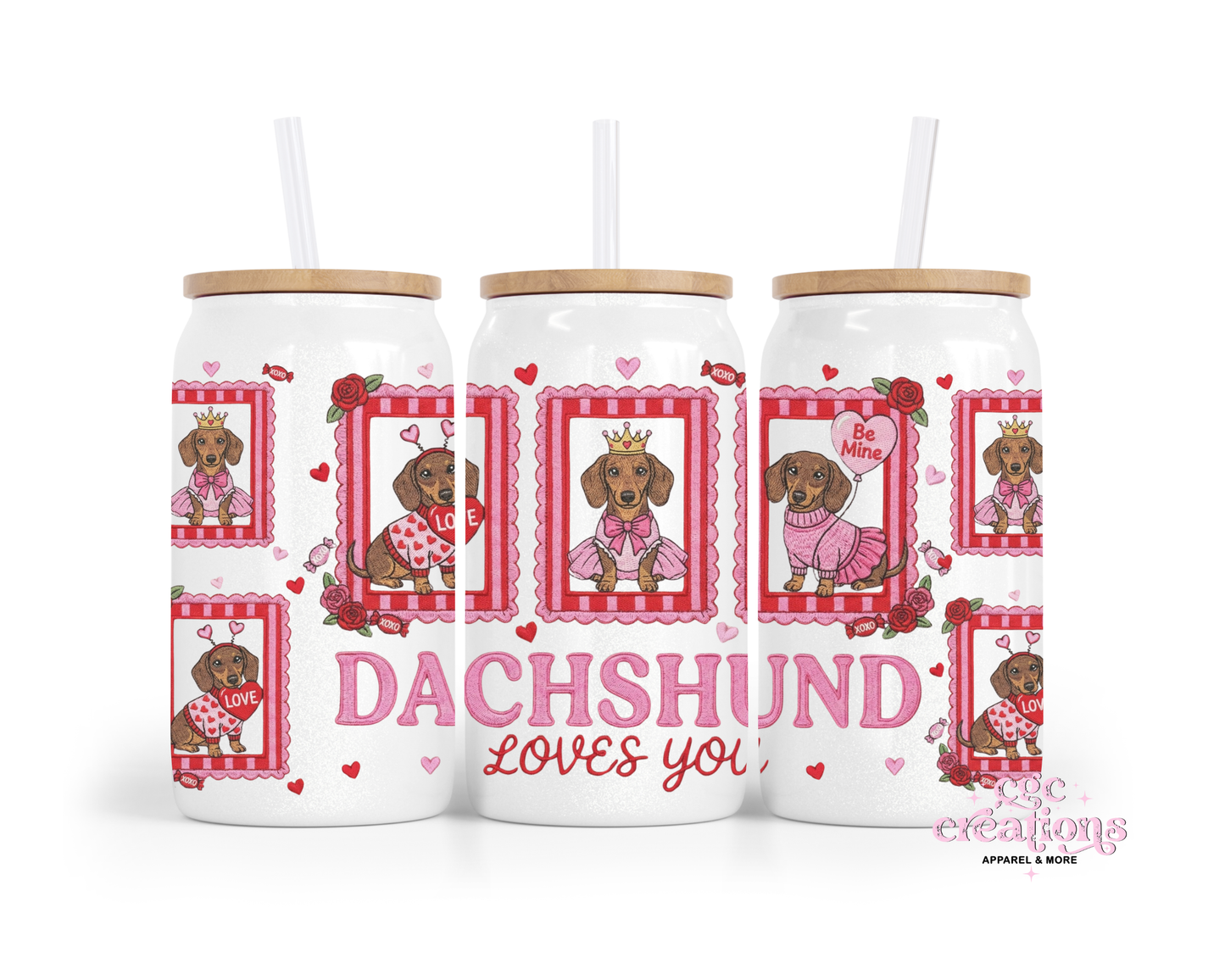 Dachshund Loves You 16oz Glass Cup With Lid