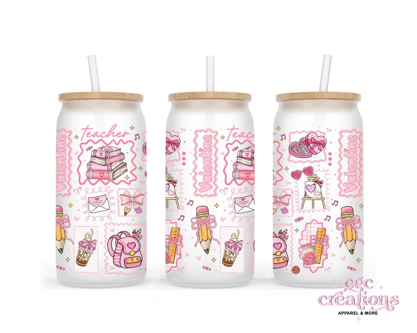 Teacher Valentine 16oz Glass Cup With Lid