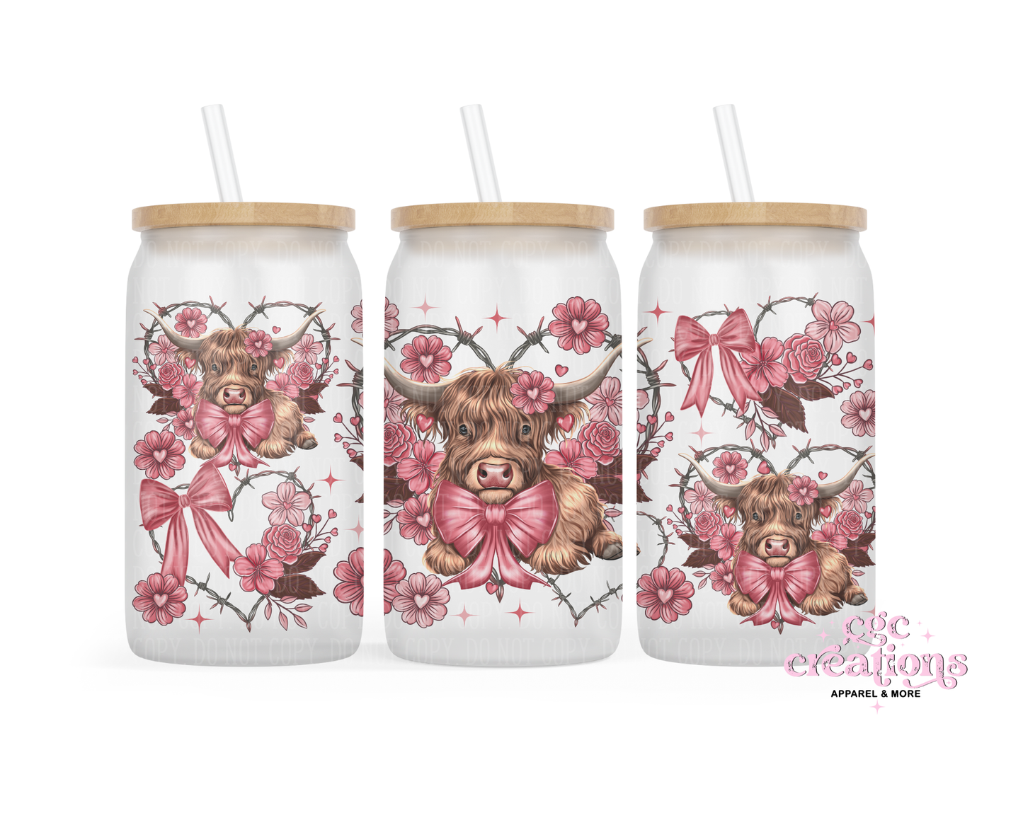 Cute Highland Heart Cow 16oz Glass Cup With Lid