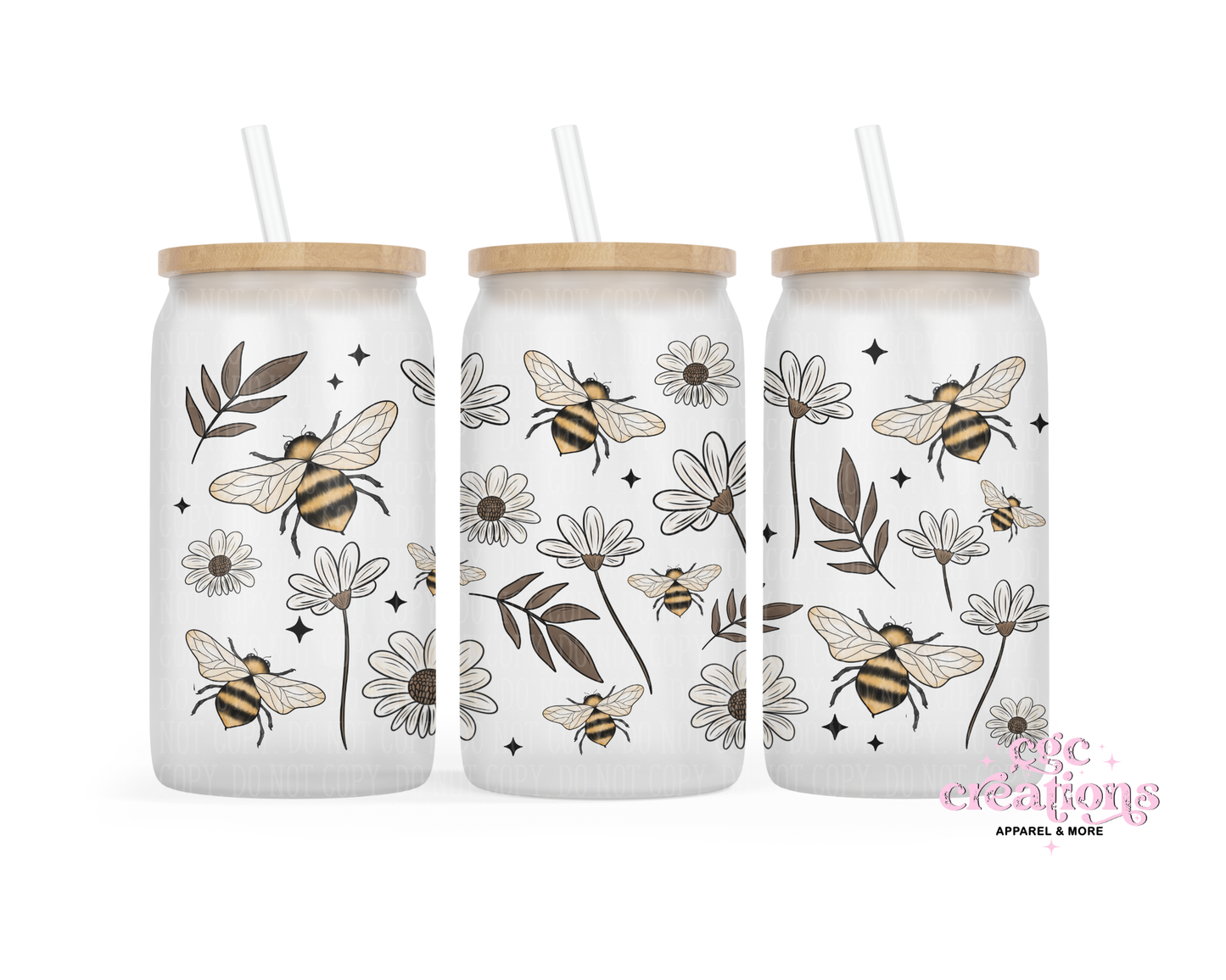 Daisies and Bees 16oz Glass Cup With Lid