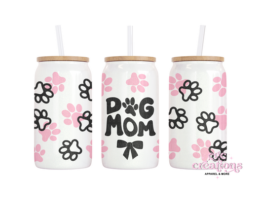 Dog Mom 16oz Glass Cup With Lid