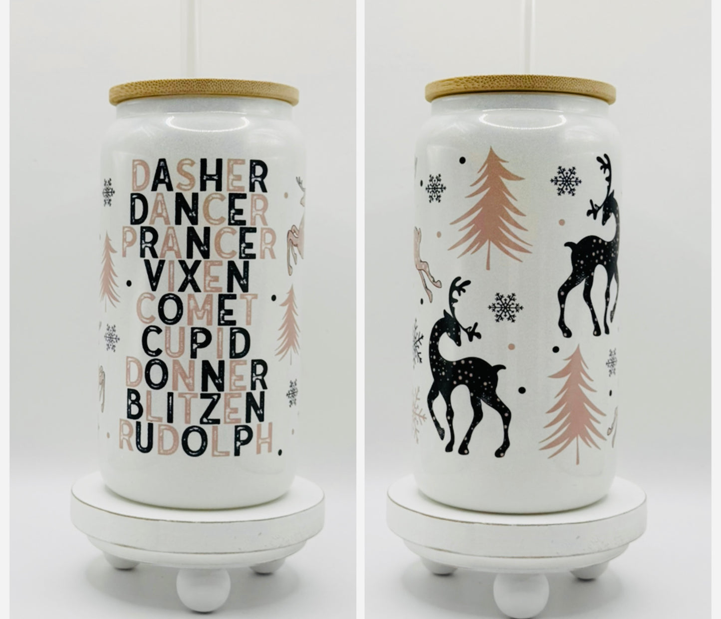 Christmas Deer 16oz Glass Cup With Lid