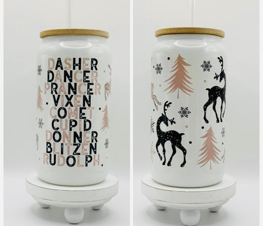 Christmas Deer 16oz Glass Cup With Lid