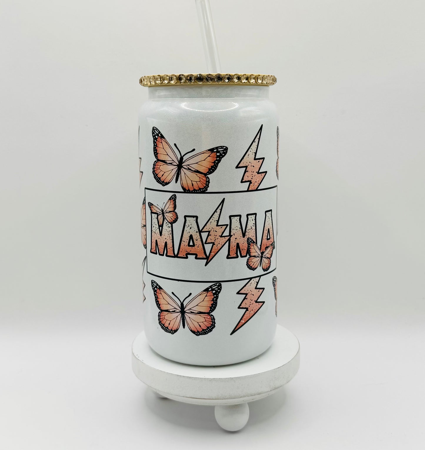 Mama With  Partial Rinestones On The Lid 16oz Glass Cup With Lid