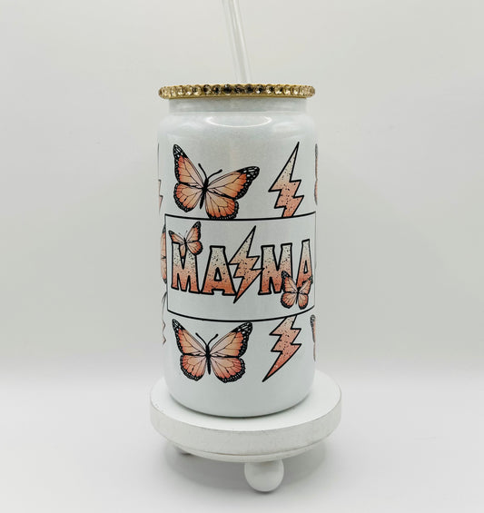 Mama With  Partial Rinestones On The Lid 16oz Glass Cup With Lid