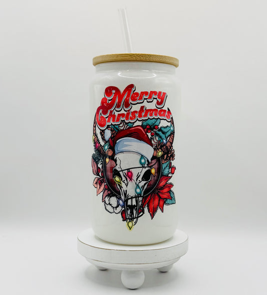 Merry Christmas Bullhorn 16oz Glass Cup With Lid