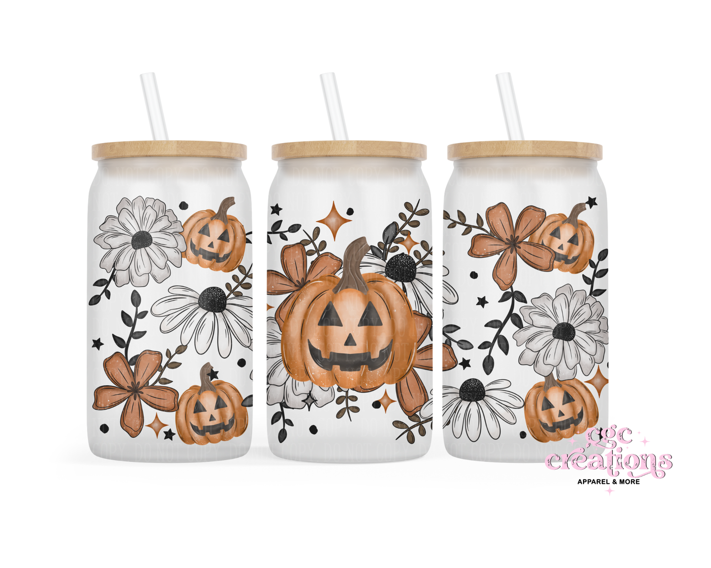 Floral Pumpkin 16oz Glass Cup With Lid