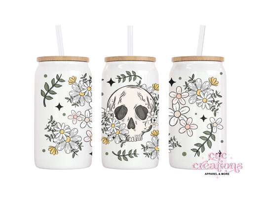 Floral Skellie 16oz Glass Cup With Lid